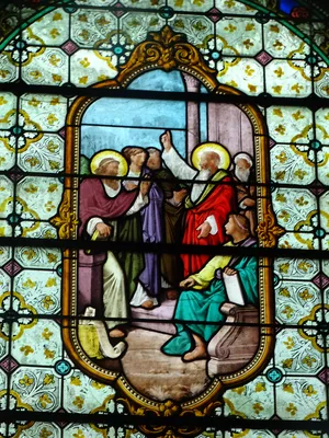 Vitrail Baie 1 : Saint-Paul et Saint Denys l'Aréopagite dans l'Église Saint-Denis à Cambremer