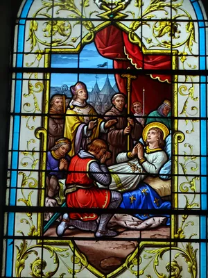 Vitrail Baie 8 : Saint-Louis sur son lit de mort à Tunis dans l'Église Saint-Denis à Cambremer