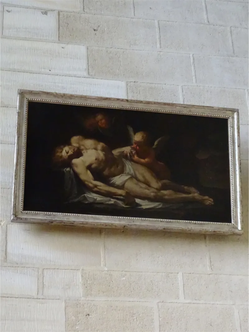 Tableau : Christ mort entouré d'angelots dans la Cathédrale Notre-Dame de Bayeux
