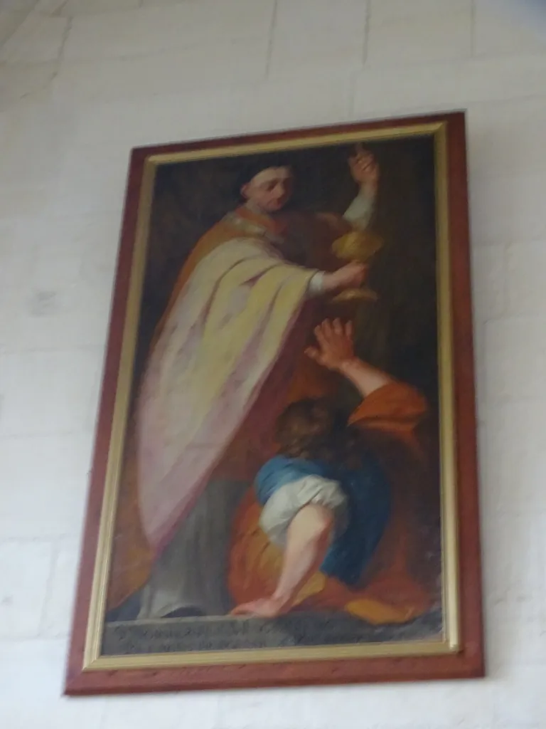 Tableau : Saint-Norbert foulant aux pieds l'hérétique Tanchelin dans l'Église de la Trinité de Falaise 