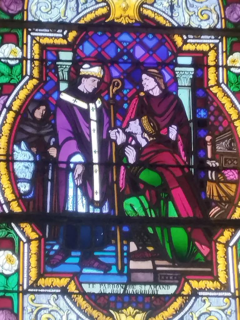 Vitrail Baie 11 : Le pardon de St Amand au roi Dagobert dans l'Église Notre-Dame de Litteau