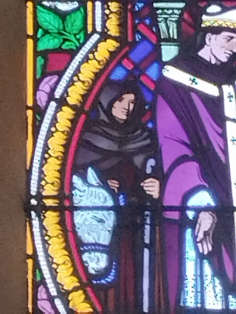 Vitrail Baie 11 : Le pardon de St Amand au roi Dagobert dans l'Église Notre-Dame de Litteau