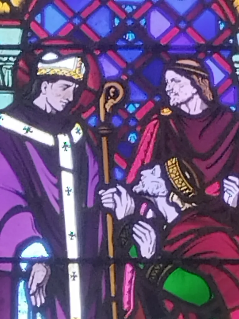 Vitrail Baie 11 : Le pardon de St Amand au roi Dagobert dans l'Église Notre-Dame de Litteau
